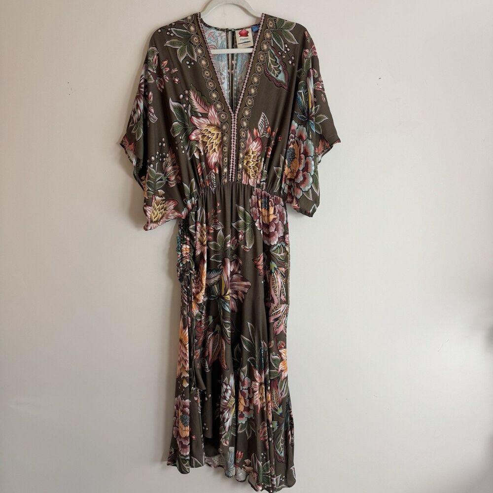Farm Rio Anthropologie Valentina Floral Maxi Dress M Brown Boho Kimono Sleeve - Picture 4 of 14